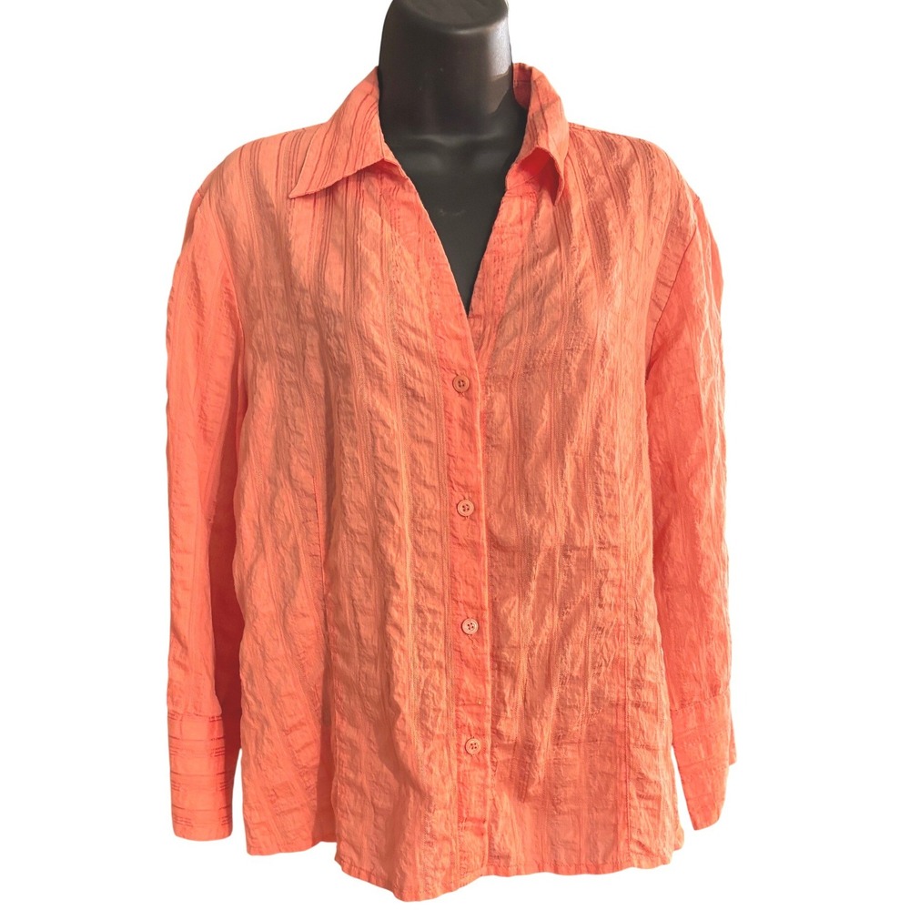Rafaella Petites Coral Orange Crinkly Textured Button Up Blouse Top 14P
